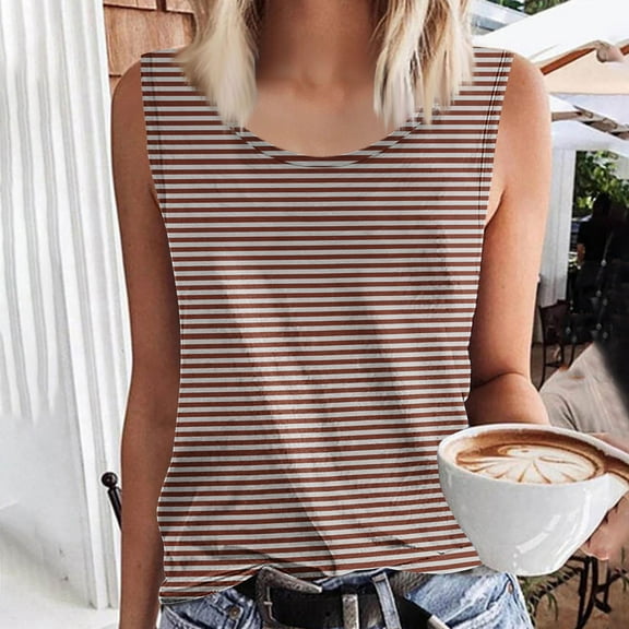 Womens Tank Top $4.98 Plus Size Striped Tank Top Sleeveless Scoop Neck Loose Fit Color Block Tops 2025 Fashion Clothes Brown XXXL