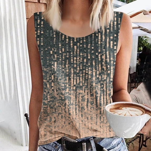 Womens Tank Top $4.98 Plus Size Summer Printed Round-Neck Sleeveless Tank Top Multicolor XXXL