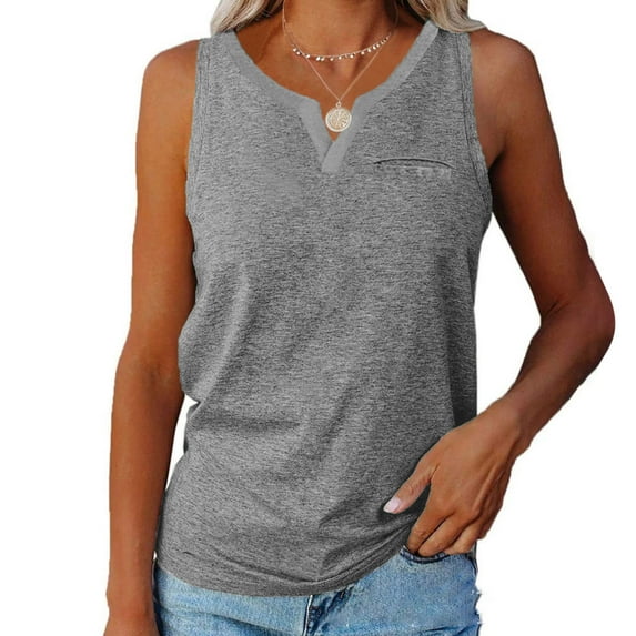 Tbopshirt Womens Tank Top Summer Women Solid Color V-Neck Pocket Sleeveless Casual Tee Tops