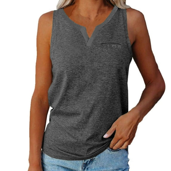 Tbopshirt Womens Tank Top Summer Women Solid Color V-Neck Pocket Sleeveless Casual Tee Tops