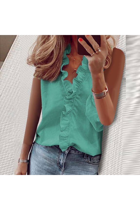 Womens Tank Top Women's Casual Solid Color Ruffle Collar Long Sleeve Ruffle Shirt Blouse V-Neck Sleeveless Shirt Tops