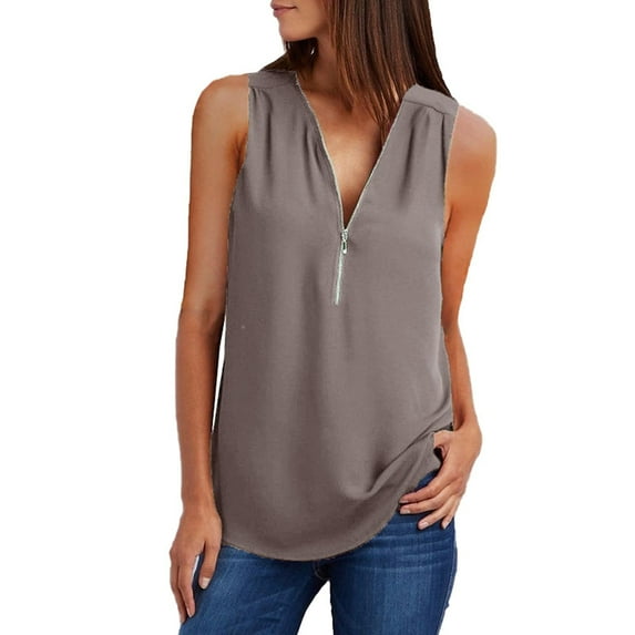 Womens Tank Top Clearance Women's Summer Shirts Zip Casual Tunic V-Neck Rollable Blouse Tops T-Shirt