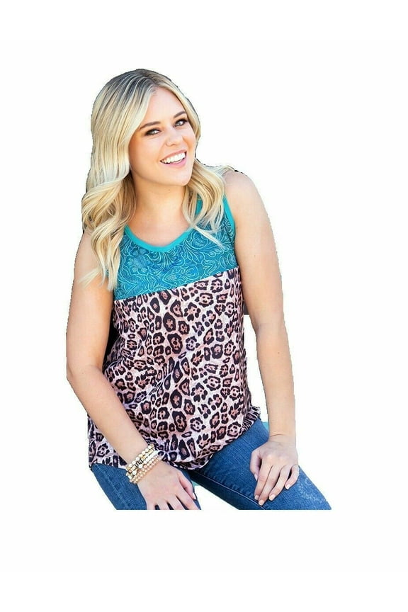 Womens Tank Top Leopard Tooled Look Cheetah Aztec Sleeveless Shirt Turquoise Blue