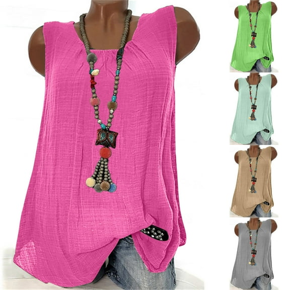 Womens Tank Top Linen Sleeveless Round Neck Baggyt Oversize Camisole Tank Tops for Women