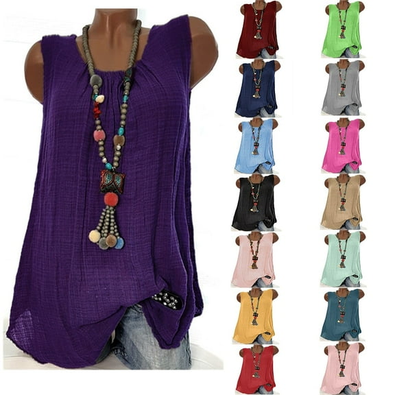 Womens Tank Top Linen Sleeveless Round Neck Baggyt Oversize Camisole Tank Tops for Women