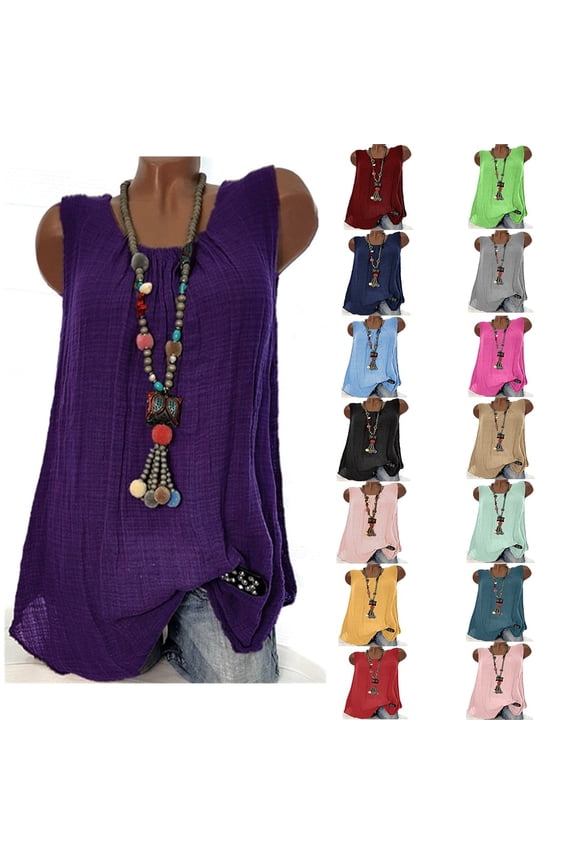 Womens Tank Top Linen Sleeveless Round Neck Baggyt Oversize Camisole Tank Tops for Women