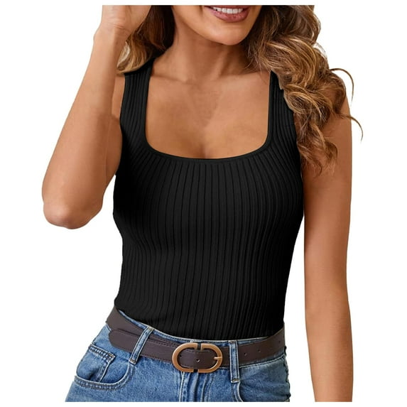 Womens Tank Top Ribbed 2024 Summer Scoop Neck Slim Fitted Casual Basic Knit Sleeveless Shirts for Women