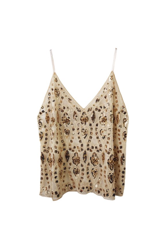 Womens Tank Top Sequin Beaded Slim Fit Cropped V Neck Top Breathable Womens Camisole Beige L