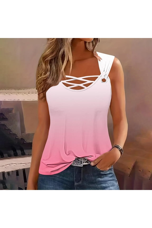 Womens Tank Top Sleeveless Gradient Print Round-Neck Color Block Camisole T-shirt Loose Tank Pink M