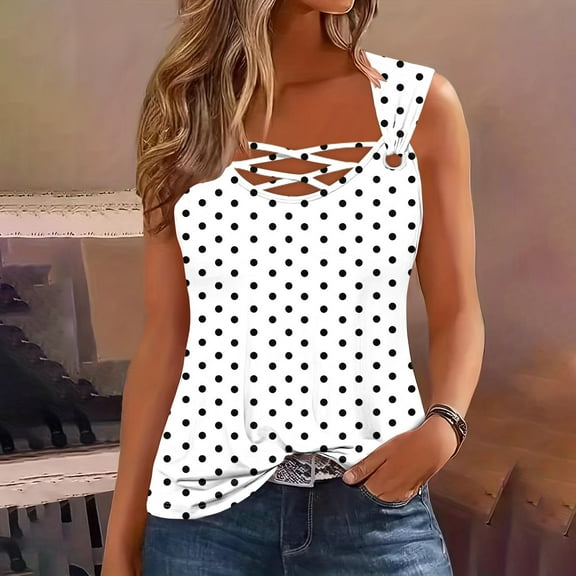 Womens Tank Top Sleeveless Polka Dot Print Round-Neck Camisole T-shirt Loose Tank White M