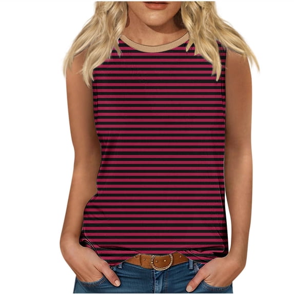 Womens Tank Top, Sleeveless Tops for Women Color Block Striped Printed Tank Top Summer Camisoles Breathable Crew Neck T Shirts Sleeveless Vests Loose Fit Blouse Casual Tee Shirts