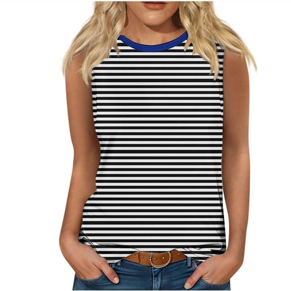 Womens Tank Top, Sleeveless Tops for Women Color Block Striped Printed Tank Top Summer Camisoles Breathable Crew Neck T Shirts Sleeveless Vests Loose Fit Blouse Casual Tee Shirts