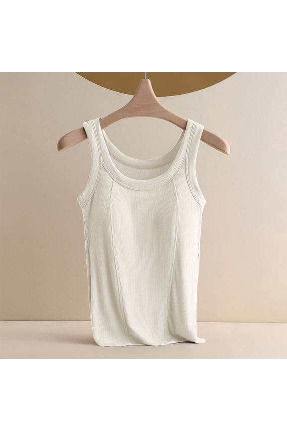 Womens Tank Top Solid Color with Built in Bra Camisole No Steel Rings Bottom Underwear T-shirt Beige M