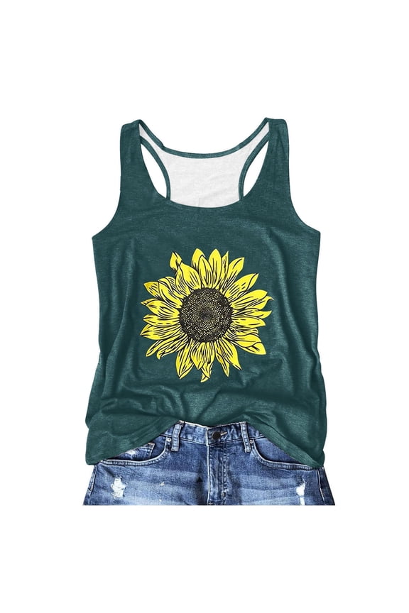 Womens Tank Top Sunflower Pattern Round Neck Sleeveless Tshirt Lightweight Blouse Summer Basic Tee Dark Green L