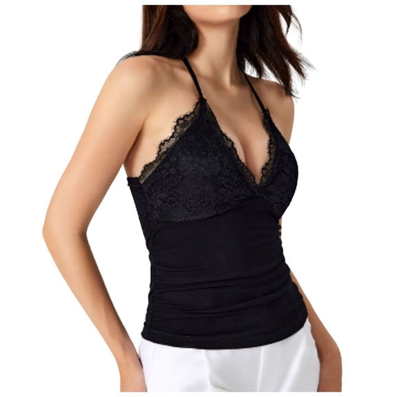 Womens Tank Top Women Soild Top Contrast Lace Ruched Tie Back V Neck Top Vest Business Dress Women Tops for Women T Shirts Women Fitted Cute Tops Women Silk Top with Bra