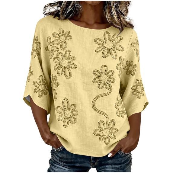 Womens Tank Tops 100% Cotton Fashion Casual Embroidery Round Neck 3/4 Sleeve Spring Blouse Tops