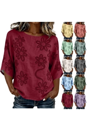 Womens Tank Tops 100% Cotton Fashion Casual Embroidery Round Neck 3/4 Sleeve Spring Blouse Tops