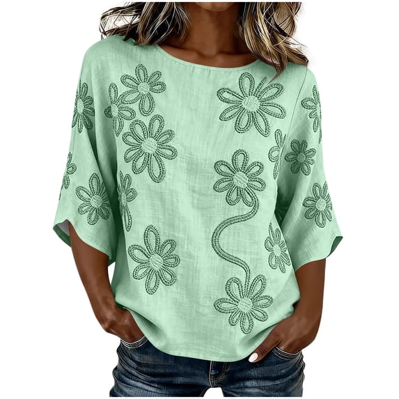 Womens Tank Tops 100% Cotton Fashion Casual Embroidery Round Neck 3/4 Sleeve Spring Blouse Tops