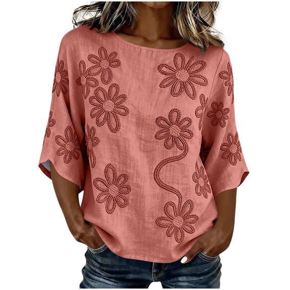 Womens Tank Tops 100% Cotton Fashion Casual Embroidery Round Neck 3/4 Sleeve Spring Blouse Tops