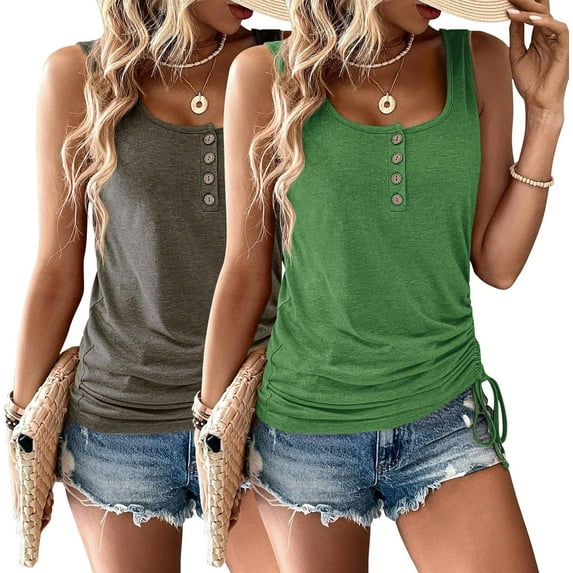 Womens Tank Tops, 2 Pack Summer Tank Tops for Women 2025, Sleeveless U Neck Loose Button Casual Henley Tops Shirts