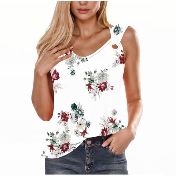 Womens Tank Tops New Arrival Floral Printed Sleeveless Ring Buckle Round Neck Camisole Summer Fashion Beach Tanks