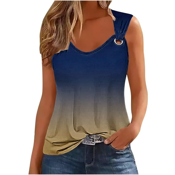Womens Tank Tops 2025 Summer T Shirts Round Neck Sleeveless Casual Loose Blouses Gradient Tops Flowy Tank Tops for Lady Khaki S