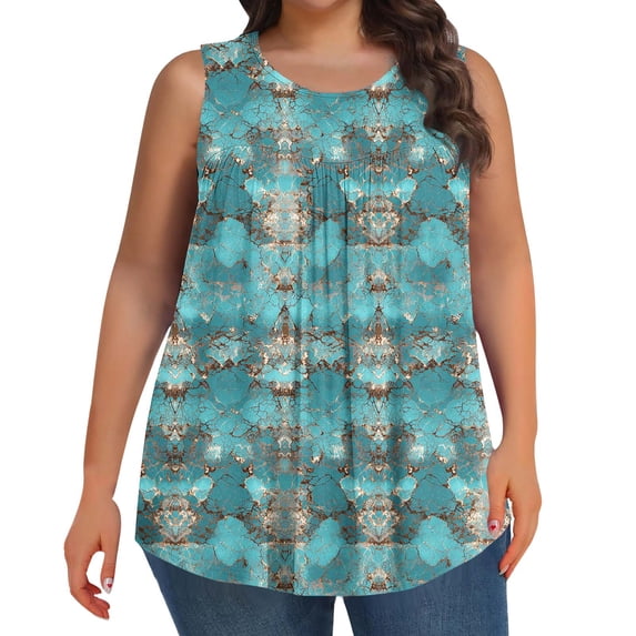Womens Tank Tops 2026 Plus Size Summer Sleeveless T Shirts Pleated Crew Neck Tank Tops Longline Camisole Tunic Blouse Fashion Prints Lounge Casual Loose Fit Tee Comfy Outdoor Holiday