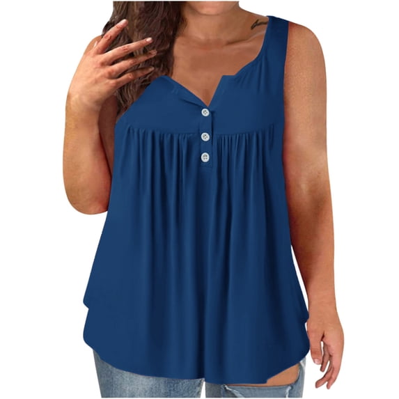 Womens Tank Tops 2026 Plus Size Summer Tank Tops Button Sleeveless T Shirts Pleated V Neck Tunic Top Longline Fashion Prints Lounge Casual Camisole Vest Loose Tee Blouses Comfy Holiday