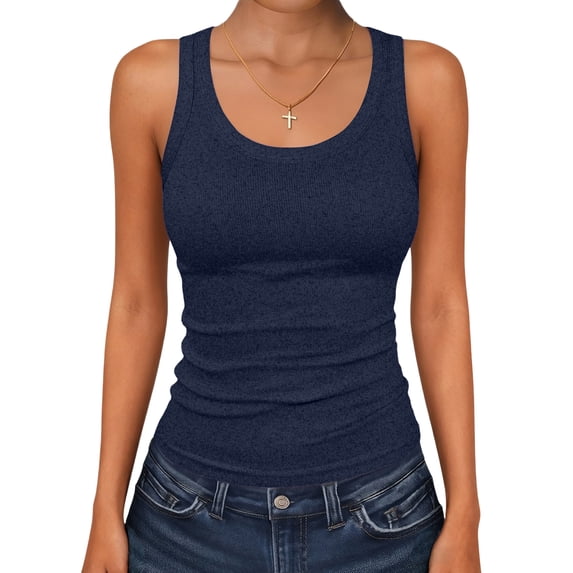 Womens Tank Tops 2026 Scoop Neck Ribbed Sleeveless Top Casual Basic Slim Fitted Cami Tee Shirts Navy S