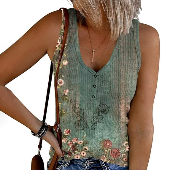 Womens Tank Tops $4.98 Plus Size Buttons Sleeveless V-Neck Summer Printed Casual Tunic Tops Army Green L