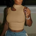 thumbnail image 1 of Womens Tank Tops $4.98 Plus Size Turtlneck Sleeveless Solid Cold Shoulder Summer Tops Khaki M, 1 of 5