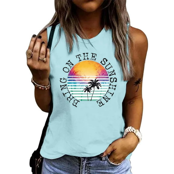 Womens Tank Tops Beach Coconut Tree Print Sleeveless Round Neck Cruise Mint Green Basic Cami Shirts L