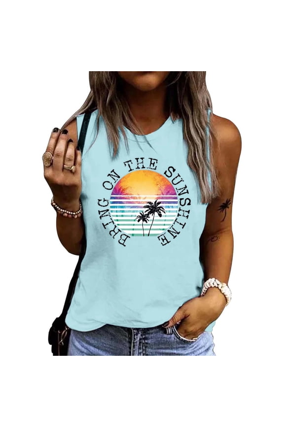 Womens Tank Tops Beach Coconut Tree Print Sleeveless Round Neck Cruise Mint Green Basic Cami Shirts L