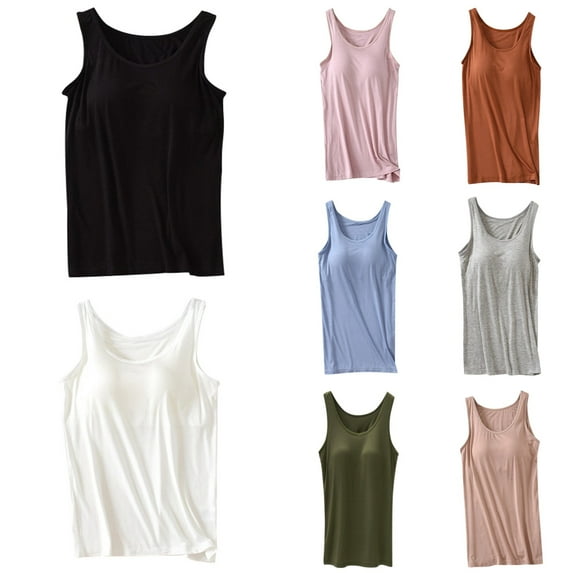 Womens Tank Tops With Built In Bra 2025 Summer Casual Crew Neck Sleeveless Cotton Padded Workout Tops Solid Color Breathable Casual Sports Tees Black S