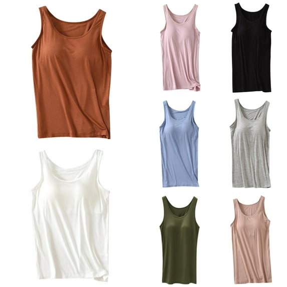 Womens Tank Tops With Built In Bra 2025 Summer Casual Crew Neck Sleeveless Cotton Padded Workout Tops Solid Color Breathable Casual Sports Tees Brick Red XL