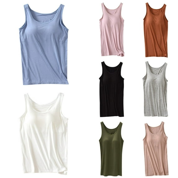 Womens Tank Tops With Built In Bra 2025 Summer Casual Crew Neck Sleeveless Cotton Padded Workout Tops Solid Color Breathable Casual Sports Tees Dark Gray S