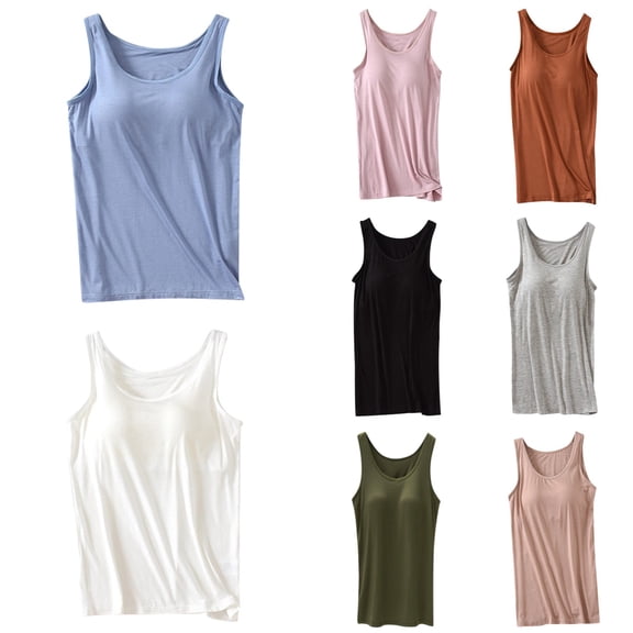 Womens Tank Tops With Built In Bra 2025 Summer Casual Crew Neck Sleeveless Cotton Padded Workout Tops Solid Color Breathable Casual Sports Tees Dark Gray XL