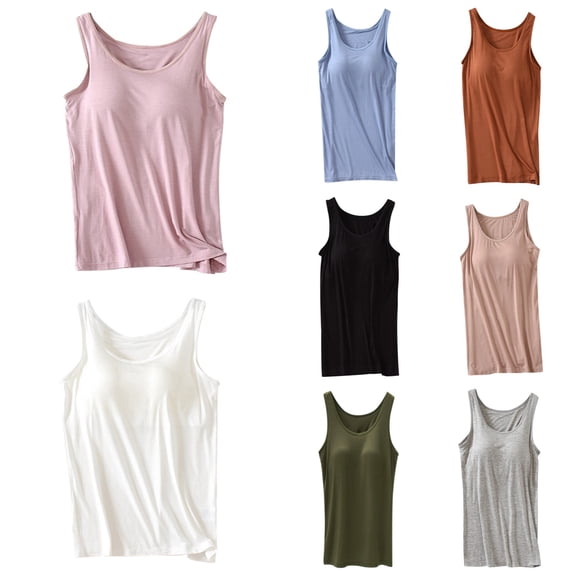 Womens Tank Tops With Built In Bra 2025 Summer Casual Crew Neck Sleeveless Cotton Padded Workout Tops Solid Color Breathable Casual Sports Tees Pink L
