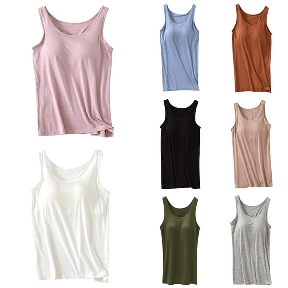 Womens Tank Tops With Built In Bra 2025 Summer Casual Crew Neck Sleeveless Cotton Padded Workout Tops Solid Color Breathable Casual Sports Tees Pink M