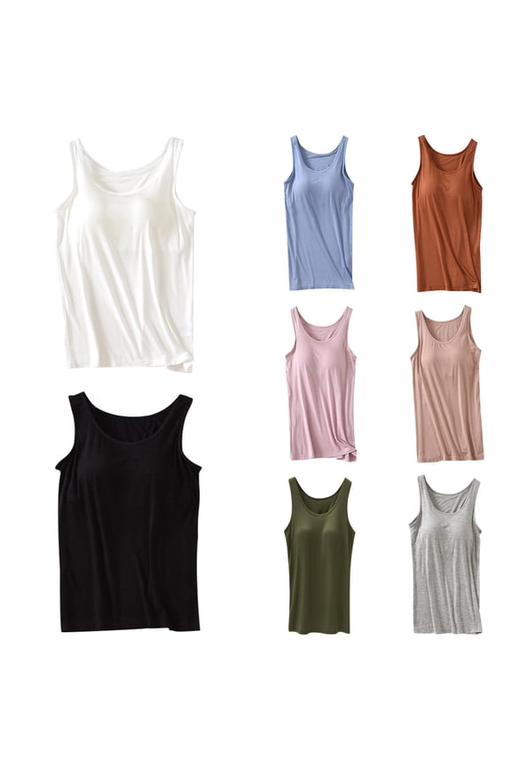 Womens Tank Tops With Built In Bra 2025 Summer Casual Crew Neck Sleeveless Cotton Padded Workout Tops Solid Color Breathable Casual Sports Tees White M