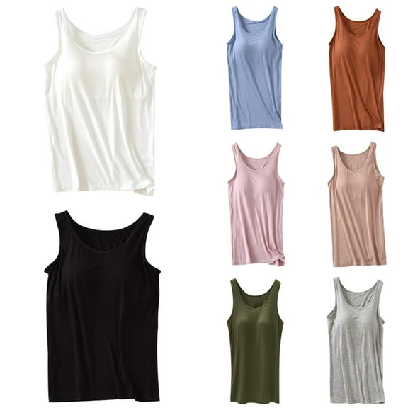 Womens Tank Tops With Built In Bra 2025 Summer Casual Crew Neck Sleeveless Cotton Padded Workout Tops Solid Color Breathable Casual Sports Tees White S