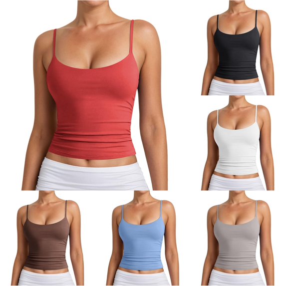 Womens Tank Tops With Built In Bra Workout Camisole Ribbed Basic Summer Slim Fit Tops Crew Neck Spaghetti Strap Solid Color Clothes Casual Classic Holiday Everyday Wear,RD2,M