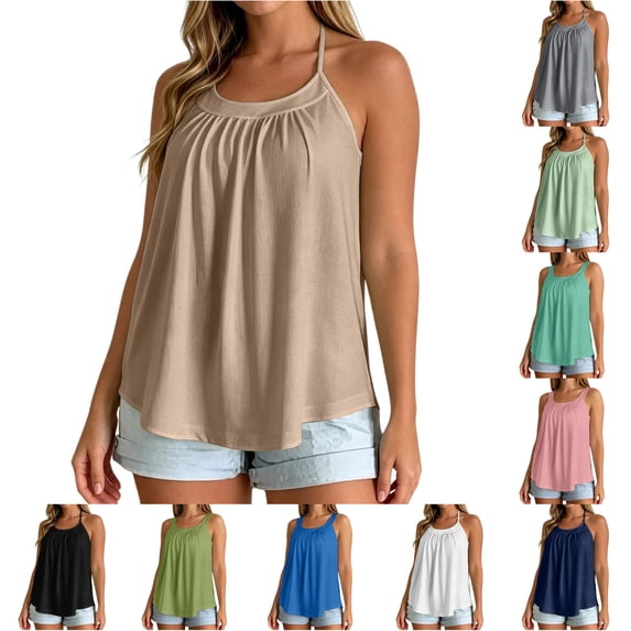 Womens Tank Tops Built in Bra Sleeveless Square Neck Tank Wide Strap Pleated Blouse Flowy Loose Fit Summer Blouse Size M