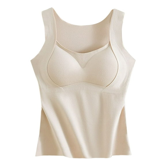 Womens Tank Tops Built in Bras Fleece Lined Seamless Padded Soft Underwear Sleeveless Square Neck Thermal Vest (M, White)
