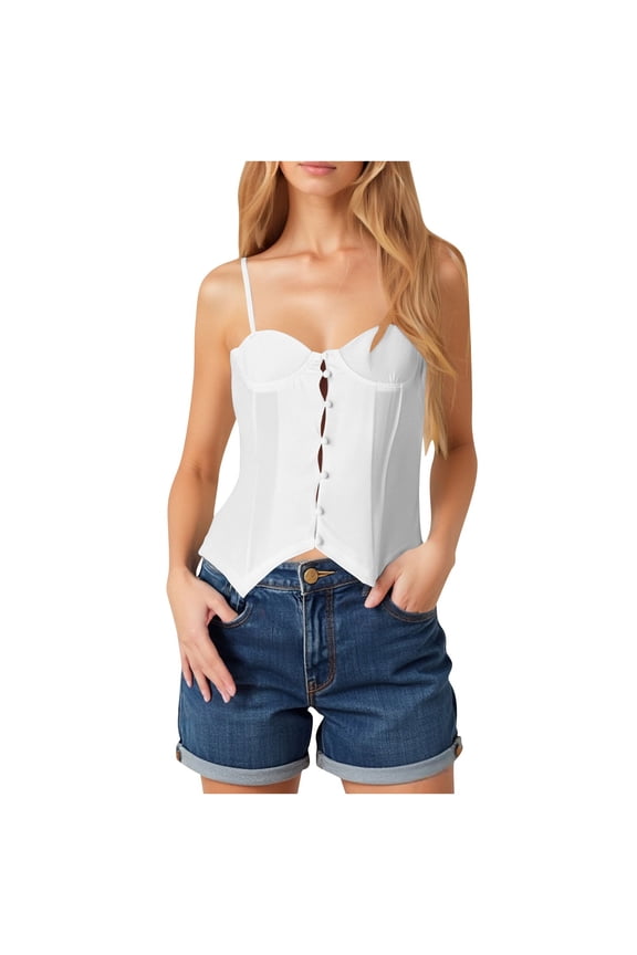Womens Tank Tops- Bulit-in-Bra Camisole for Women Sexy Button Up Crop Tank Tops Sleeveless Going Out Y2k Slim Fit Cami Shirts White S