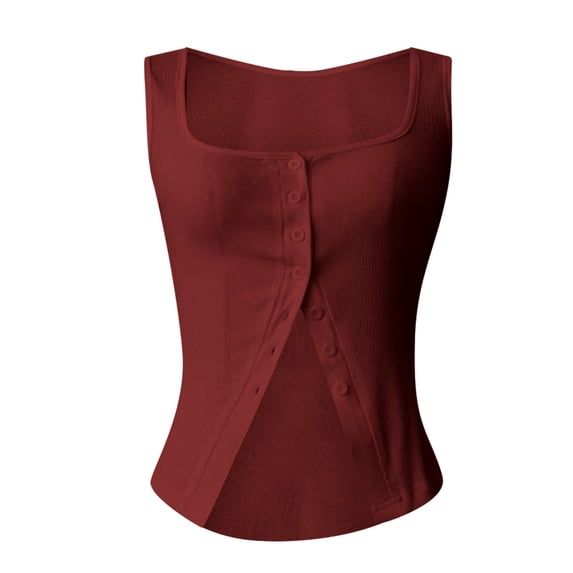 Womens Tank Tops Button Down Sleeveless Vest Ribbed Slim Fitted Camisole Elegant Dressy Casual Cami Sexy Crop Tops Daily Wear Going Out Tops 2026 Fall Outfits for Women(Red,L)