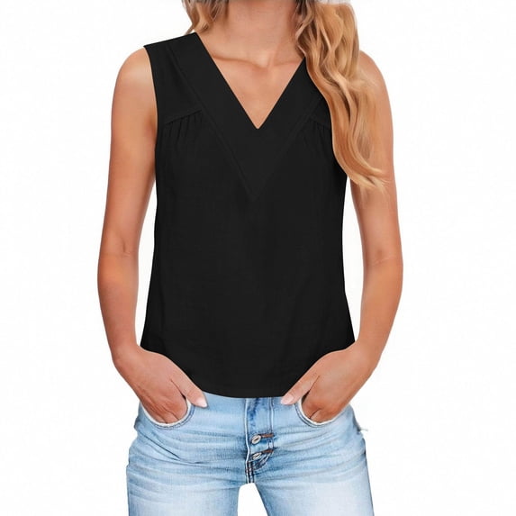 Womens Tank Tops - Casual Cotton Linen Summer Tanks - Female Solid Color Pullover Sleeveless Tee Shirts Black