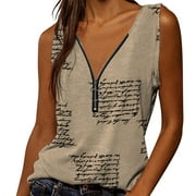 Womens Tank Tops Casual Fashion Print V Neck Zipper Sleeveless Splice Vest Shirt Top Coffee XXL