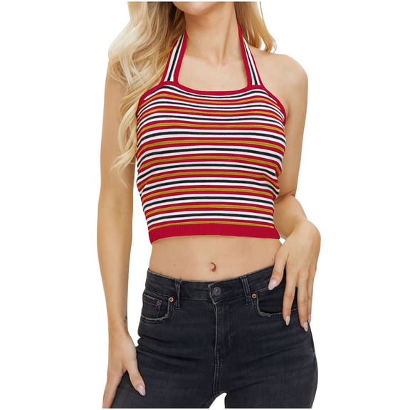 Womens Tank Tops Casual Sevevn Womens Striped Halter Tops Cute Summer Slim Fit Sleeveless Open Back Camisole Crop Tops for Teens Y2k Trendy Tank Top