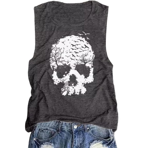 Womens Tank Tops Casual skull Print Sleeveless Vest Slim Fitted Basic Shirts Fashion Clothing Size S